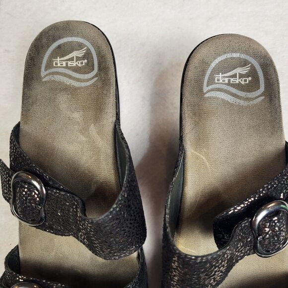 Dansko Sophie Black Gold Metallic Sandal Shimmer Platform 2 Inch Heel 39 8 1/2 - Picture 4 of 10